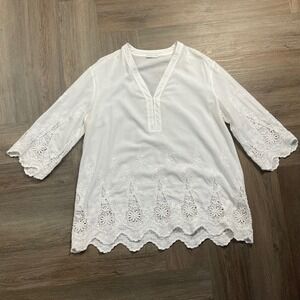Riani Tunic Blouse Womens 14 White Cotton Eyelet Lace Embroidered Boho Indie